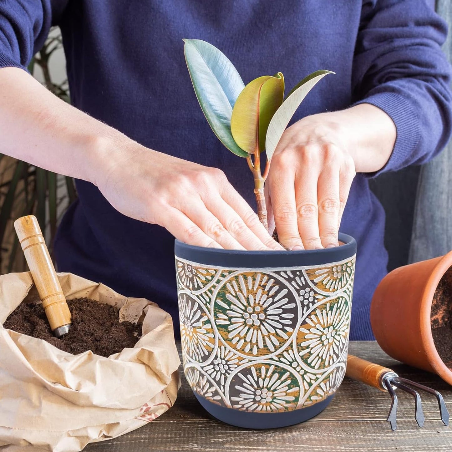 DeeCoo 3 Piece Ceramic Plant pots Indoor Pots Set with Drainage Holes, 5.7/4.7/3.5/inch, Modern Decorative pots Outdoor Plants Lilies, Cacti, Succulents, Snakes, and Bamboo (Blue)