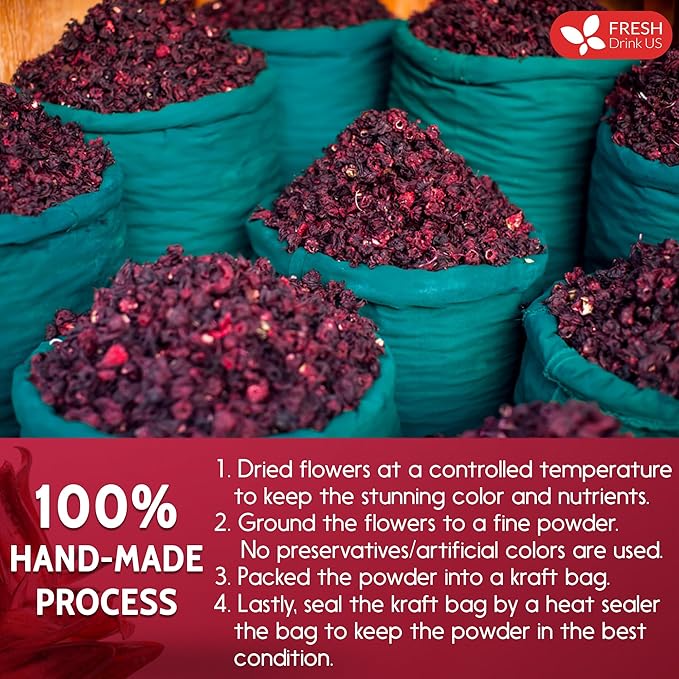 FreshDrinkUS, Premium 16oz Hibiscus Flower Powder, 100% Natural and Pure from Hibiscus Flowers, Natural Food Coloring, Hibiscus Flowers Tea, No Additives, No Gluten, No Sugar, Vegan