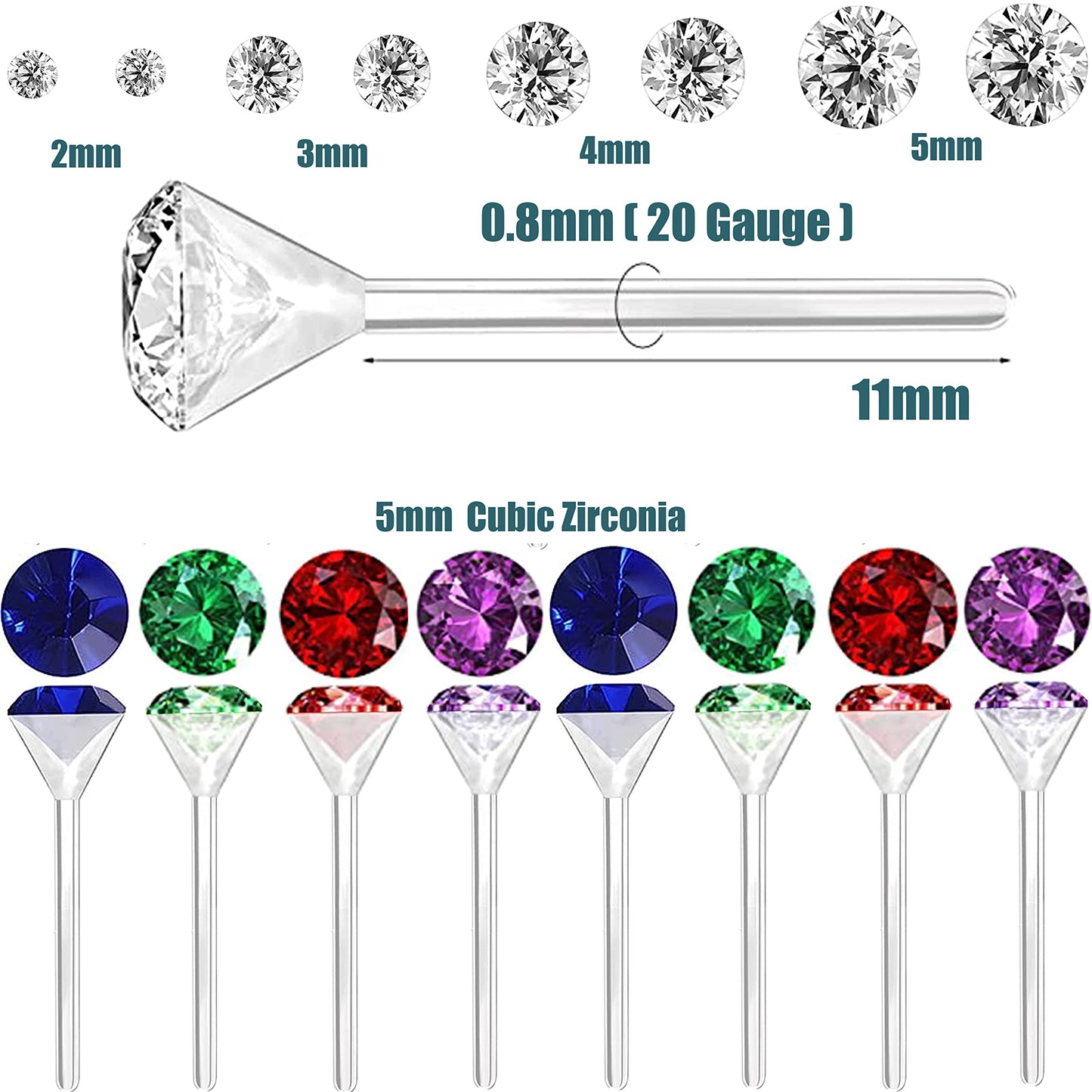OwlkOrmy 8 Pairs Anti Allergy Plastic Earrings for Sensitive Ears & Include 8 Pairs Silicone Soft earring backs, Birthstone Cubic Zirconia Stud Earrings Kit 2mm 3mm 4mm 5mm in one Set (5-in-1 color)