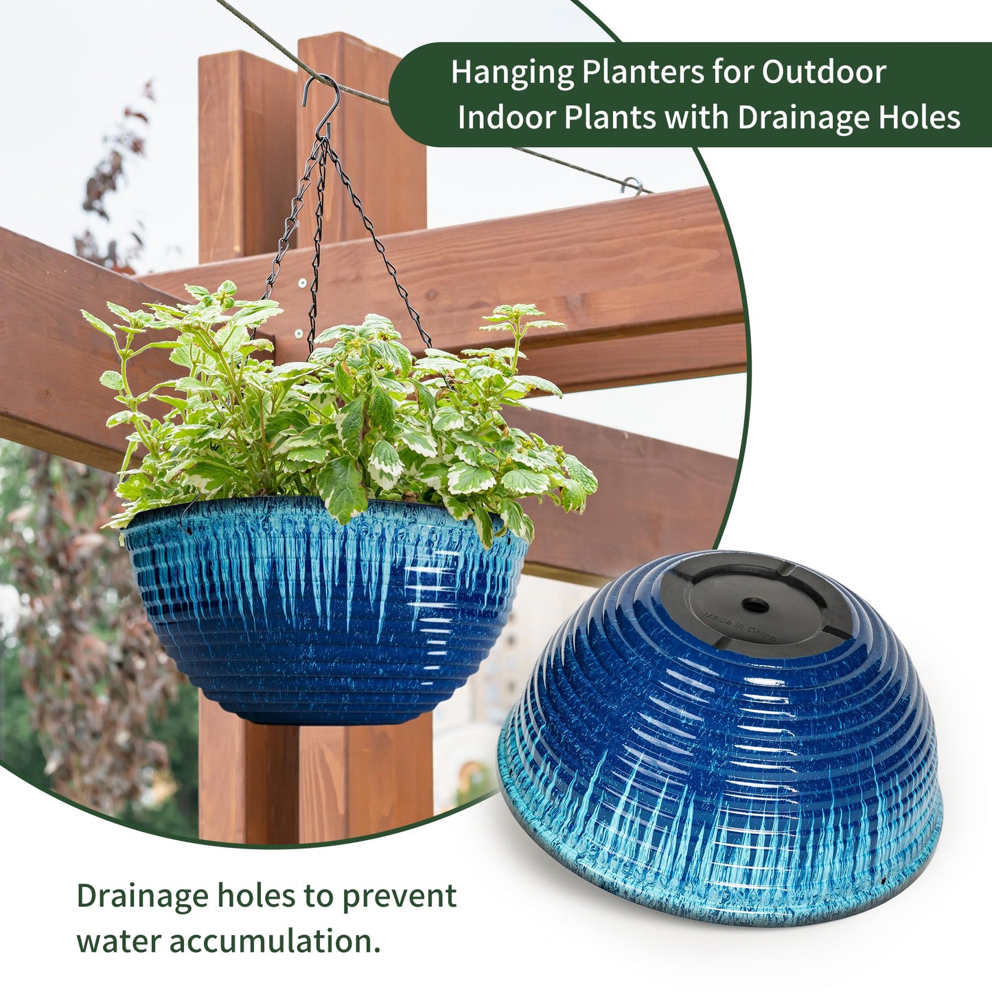Vanslogreen 12 inch Hanging Planters for Indoor Outdoor Plants, 2 Pack Large Hanging Flower Pots with Drainage Holes and Chain, Glazed Hanging Baskets for Home Garden Decoration (Blue Flow Glaze)