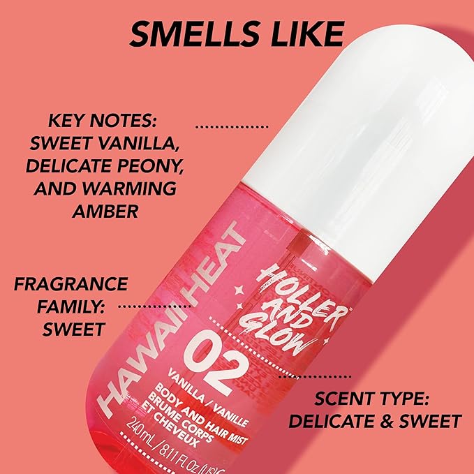 Holler and Glow Hawaii Heat Body & Hair Mist, Warm Vanilla, Peony & Amber Scent, Long-Lasting Daily Fragrance, Lightweight, Vegan, Cruelty-Free, Alcohol-Free, Hydrating Hair Perfume, 8.11 Fl Oz