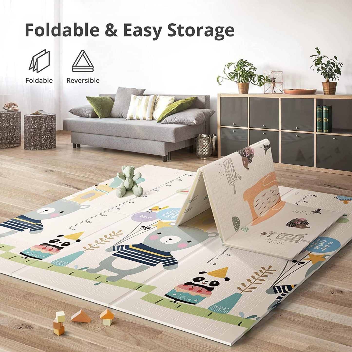 UANLAUO Foldable Baby Play Mat for Babies 6-12 Months, Foam Playmat for Floor 59 x59 Babies Kids Play Mat - Reversible Lightweight Easy Storage and Travel, Waterproof Activity Playmats for Toddlers