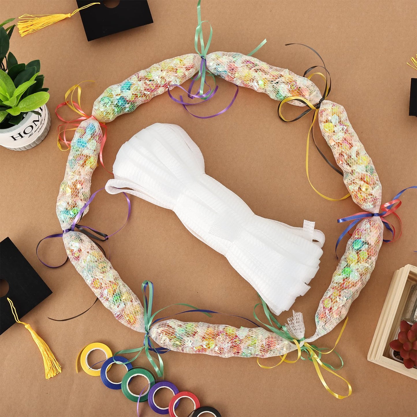 HFYZZ 2 Rolls Graduation Candy Lei Making Kit - 262 FT Candy Lei Netting Tubing with 6 Rolls Colorful Ribbons, Clear Candy Lei Making Kit for DIY Graduation Wreaths Packing Snacks