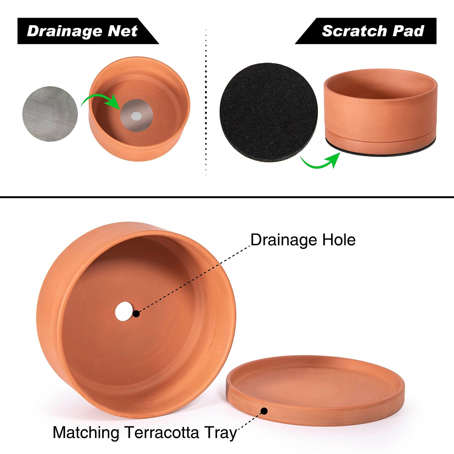 D'vine Dev 10 Inch Succulent Terracotta Shallow Pot with Drainage Hole and Saucer, Round Cylinder Planter Pot for Plant Flower, 40-Y-B-0