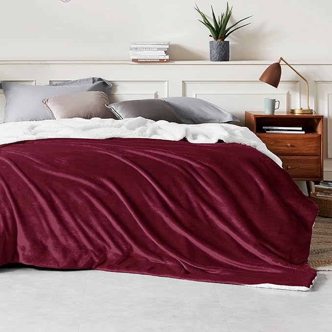 Bedsure Sherpa Fleece Blankets King Size for Bed - Thick and Warm, Soft Fuzzy Plush King Blanket for Winter, Winery Red, 108x90 Inches