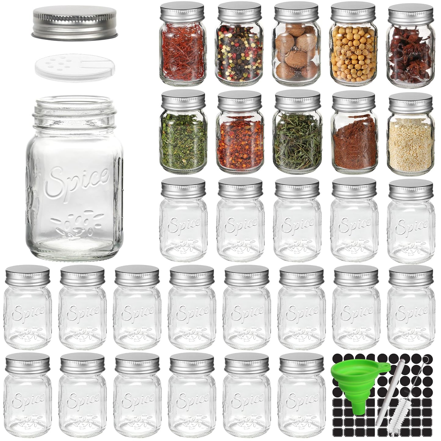 CycleMore 30 Pack 4oz Glass Mason Spice Jars, Round Spice Containers with Silver Metal Caps and Pour/Sift Shaker Lids-80pcs Labels,1 Silicone Collapsible Funnel,1 Brush and 1pcs Pen Included