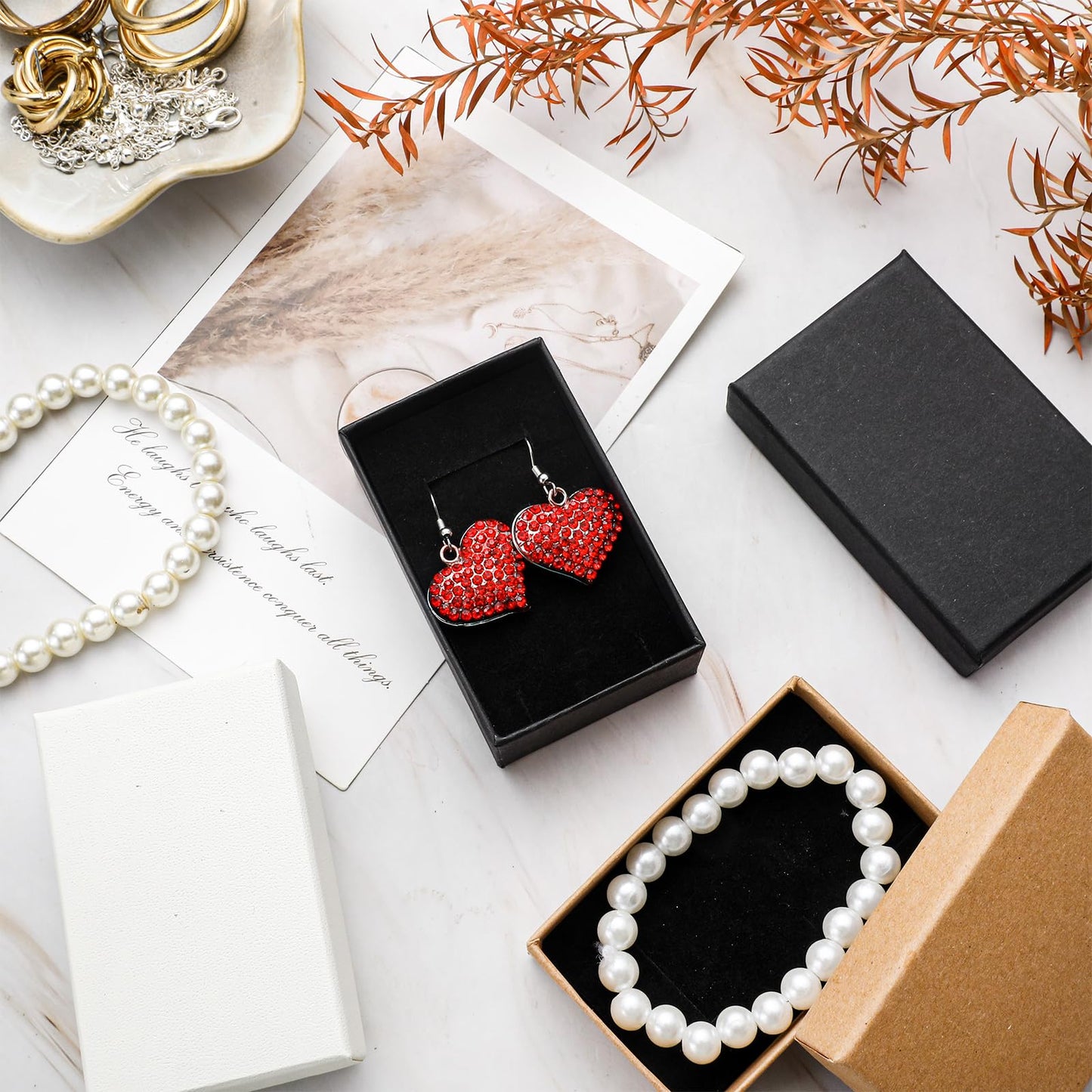 Tenceur 100 Pcs Valentines Jewelry Gift Boxes Bulk Kraft Jewelry Cardboard Box for Necklace Earring Bracelet Storage Package(Brown, White, Black,3.2x2x1.2in)