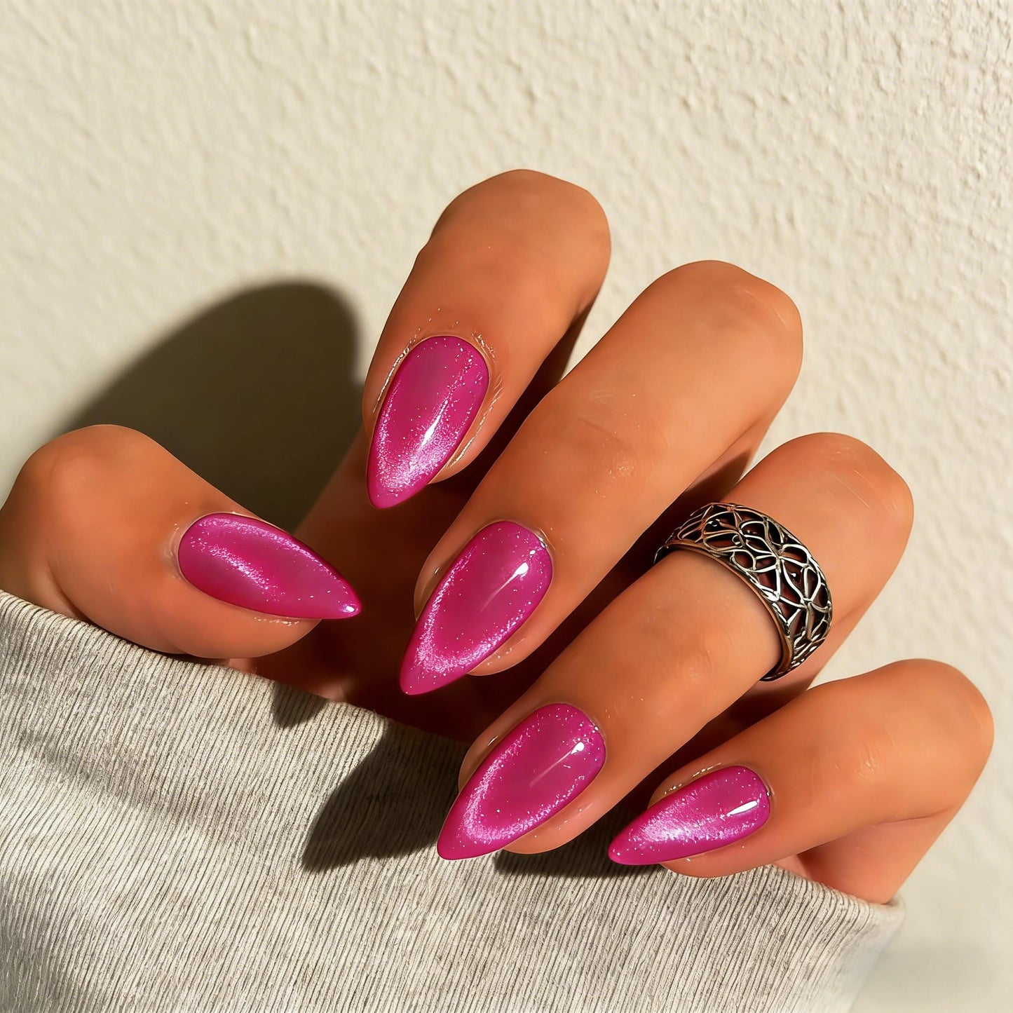 KQueenest Cat Eye Press On Nails Almond - Hot Pink Press On Nails Medium Stiletto, 30 Pcs 15 Sizes Glitter Fake Nails Press ons, Upgrade Thick Quality, Reusable Vibrant Fushia Glue on Nail for Women