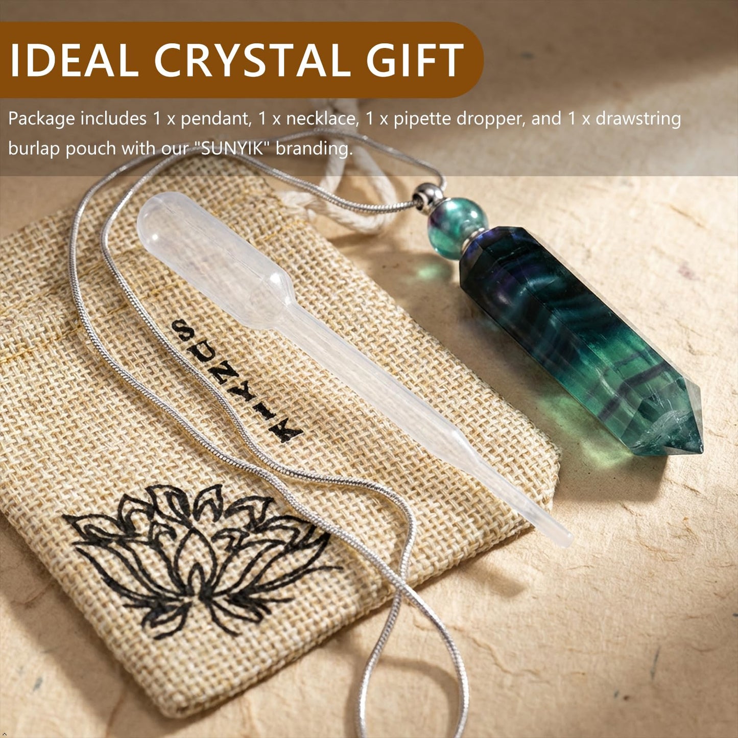 SUNYIK Fluorite Stone Essential Oil Diffuser Necklace for Women, Hexagonal Pointed Healing Crystal Perfume Bottle Pendant with Chain for Men, 28"