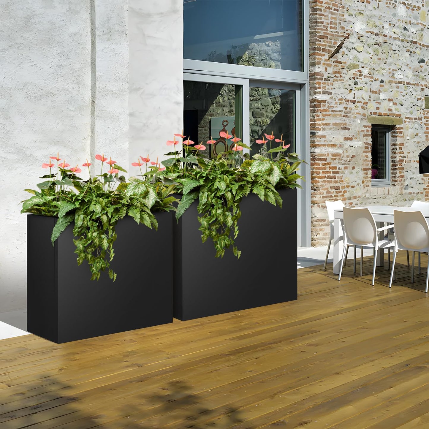 Meyoppm 28"x12"x28" Large Metal Planter Box, Heavy-Duty Rust Resistant Steel Planter with Drainage Hole, Modern Rectangular Planter for Outdoor Indoor Patio Garden Yard (Black)