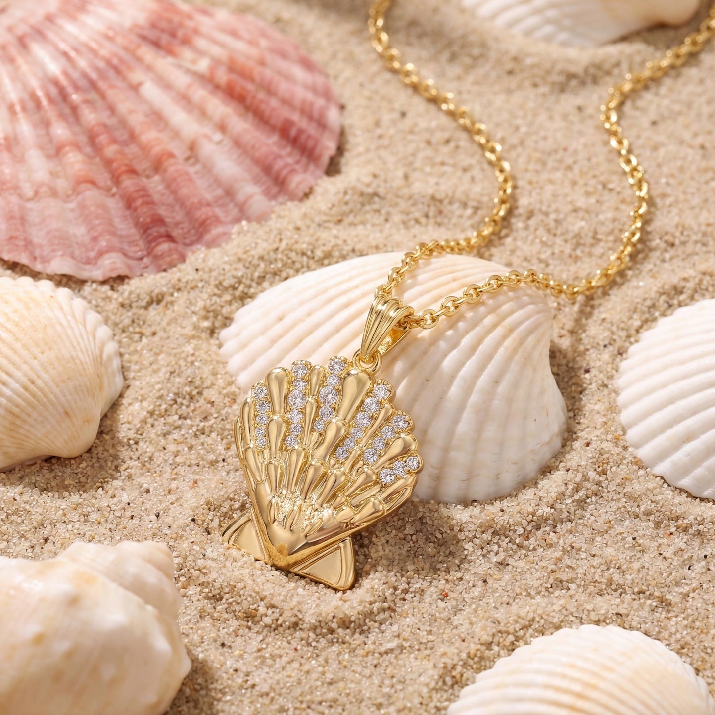MYEARS Women Gold Necklace Clam Shell Pendant Cubic Zirconia 14K Simple Dainty Thick Chain Everyday Summer Beach Jewelry