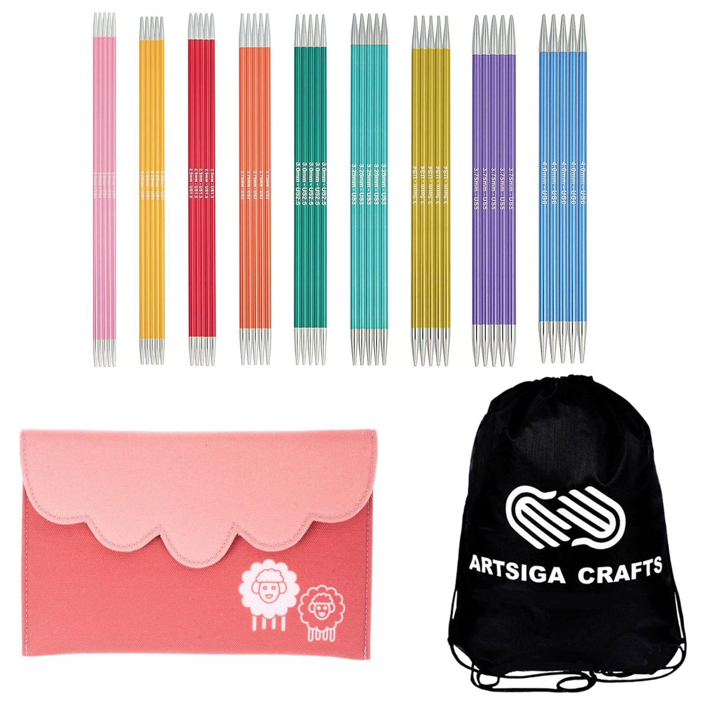 KnitPro Zing Deluxe Set 6 inch DPN Double Pointed Knitting Needles Size 0, 1, 1.5, 2, 2.5, 3, 4, 5, 6 with Fabric Case with Project Bag