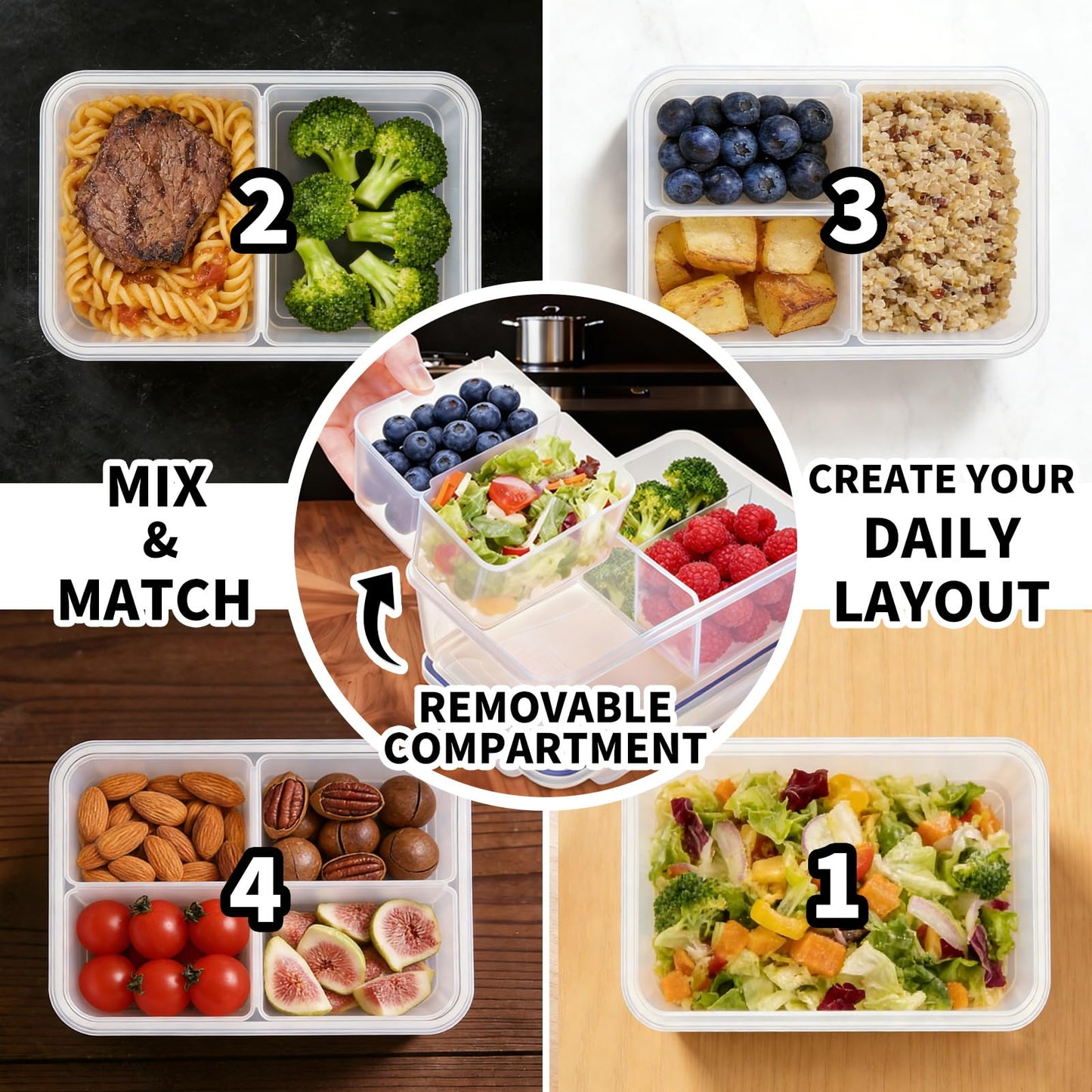 KIGI Meal Prep Containers for Adult Lunch & Snacks, Leak-Proof, BPA-free Plastic, Removable Divided Inserts, Airtight lids, 3 Compartment Food Storage, Microwave Safe, Bento Box, 4.7 Cup, 12 Piece Set