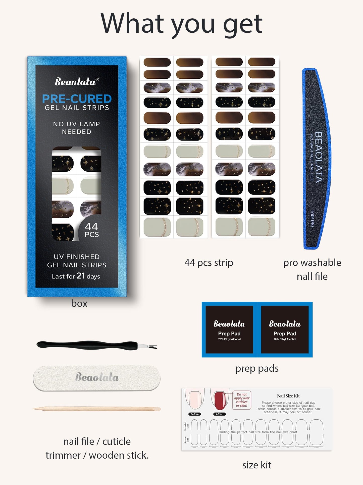 Beaolata Real Gel Nail Strips (No UV Light Needed) - 44Pcs Salon Quality Nail Stickers - Long Lasting Polish Wraps for Women, Easy Apply & Remove (Twilight Galaxy Black)