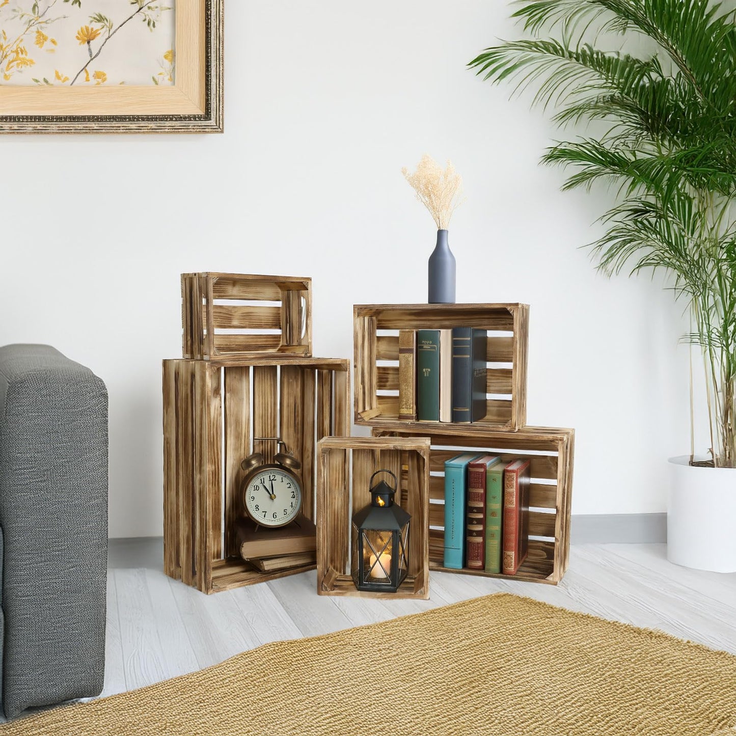 MACVAD 5-Piece Rustic Burnt Brown Wooden Crates Set, Wall Mountable Slatted Storage Crates with Handles, Farmhouse Wooden Crates for Display & Organizer for Home Decor