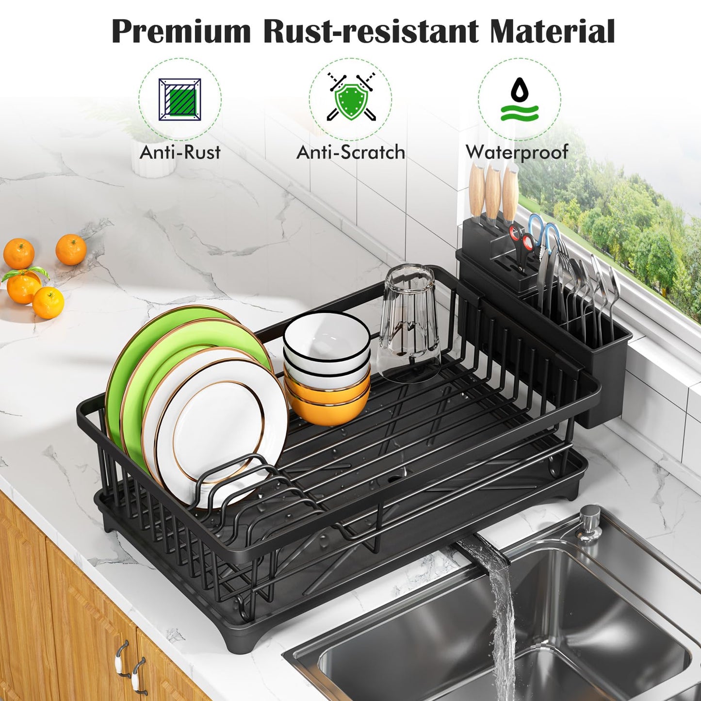Kmiectse Dish Drying Rack - Space-Saving Small Dish Rack for Kitchen Counter, Rust-Resistant Kitchen Drying Rack, Compact Dish Drainer Organizer with Utensil Holder for Home Kitchen, Black