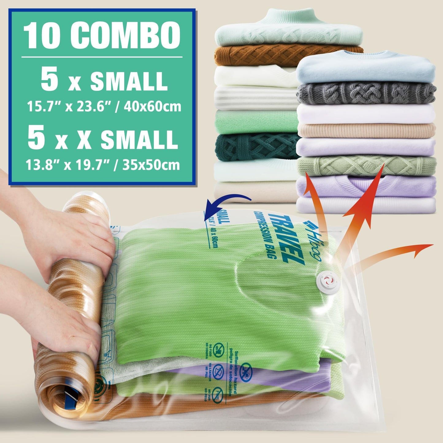 Travel Zipper Storage Bags,Travel Essentials Roll Compression Bags for Cruise Luggage Accessories, 5 Luggase Size 5 Carryon Size (10 pack)