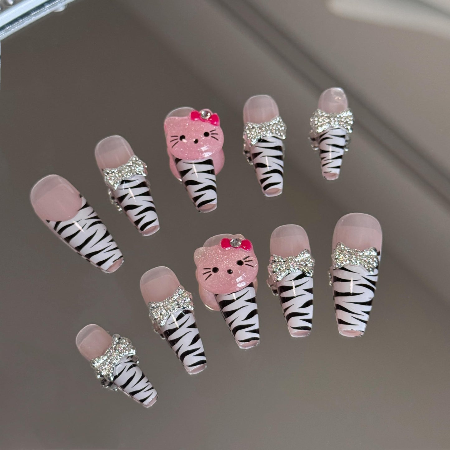 24Pcs Zebra Print Kawaii Nails Coffin Press on Nails Long Y2k Nails Bow Charms 3D Pink Press on Nails for Girls