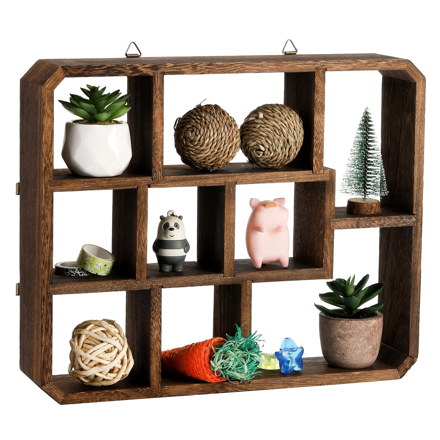 Frcctre Rustic Shadow Box Display Shelf, 9 Compartments Wood Hanging Display Floating Shelves, Multi-Slot Wall Mounted or Freestanding Farmhouse Decor Displays Case