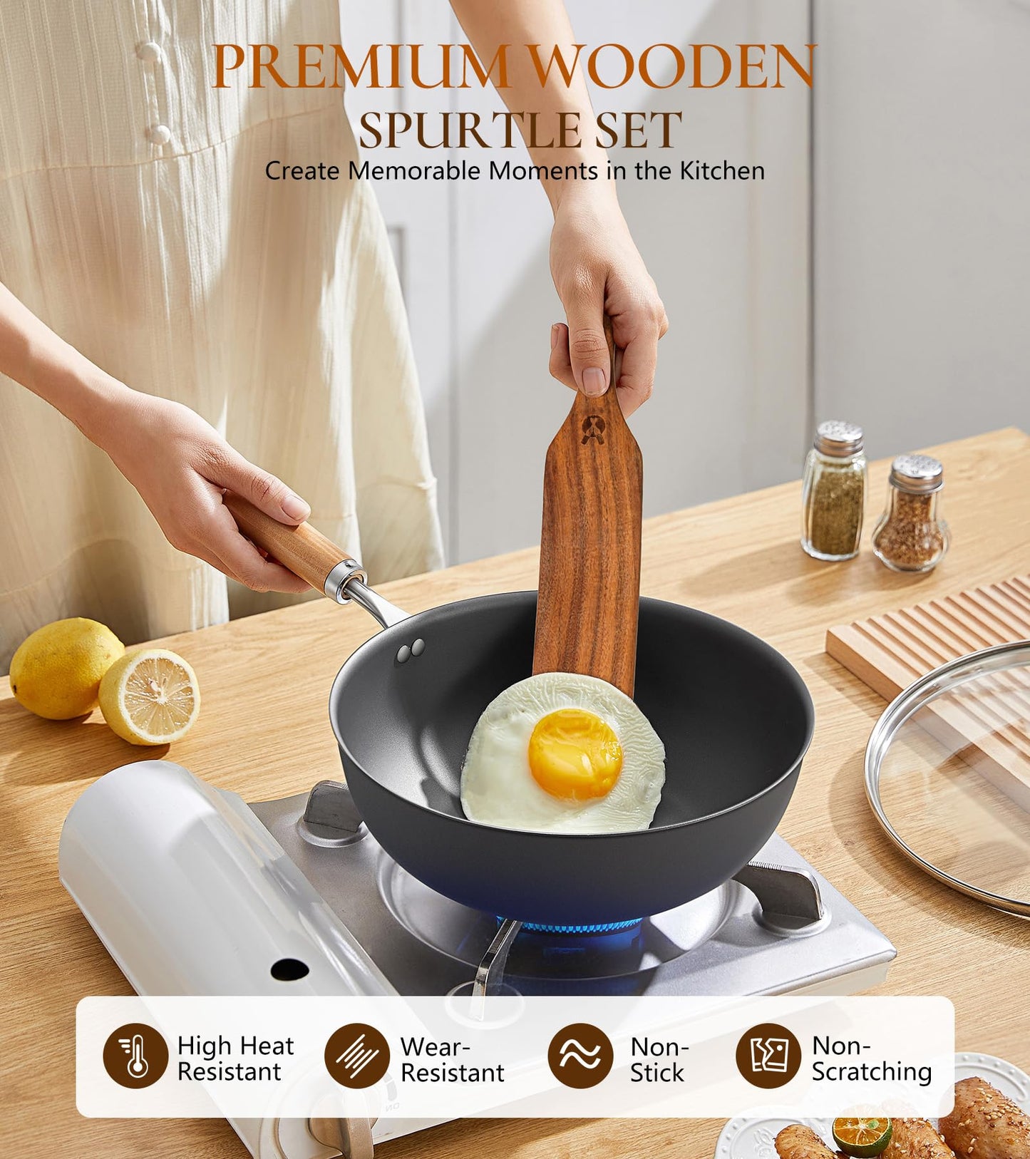 2Pcs Spurtles Kitchen Tools Wooden, Wooden Spurtle Spatula Set for Sourdough Starter, Natural from High Moist Resistance Teak, Kitchen Utensils for NonStick Cookware