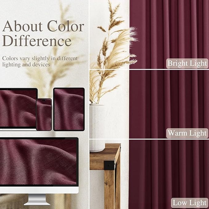 Nanspring Burgundy Linen 144 Inch Curtains for Living Room Light Filtering Semi Sheer Curtain Back Tab Vintage Boho Decor Elegant Drapes Floor to Ceiling High Window for Bedroom 52x144, 2 Panels