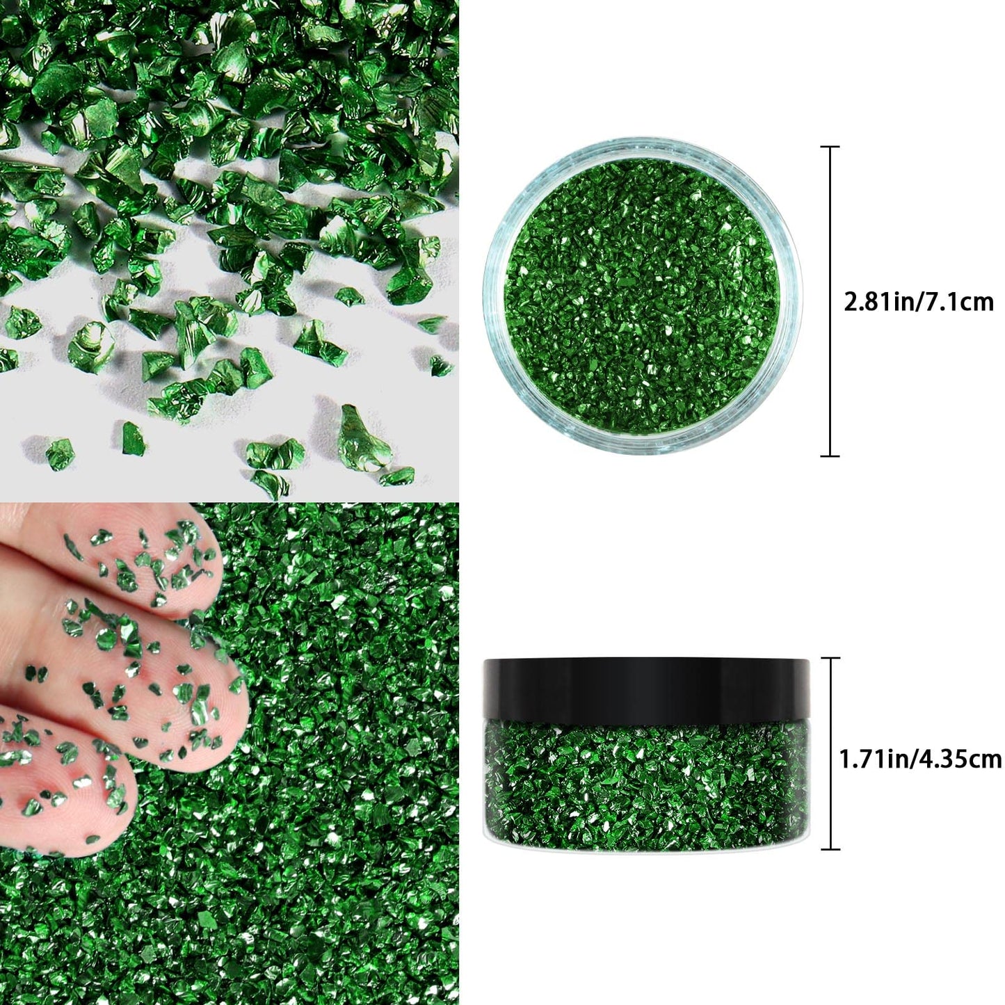 Ceya 5.3oz/ 150g Crushed Irregular Glass Grass Green Metallic Crystal Chips Broken Glass Glitter 2-4mm Craft Chunky Glitter for Nails Art Epoxy Resin Mold Coasters Ornament Painting Geode Phone Case
