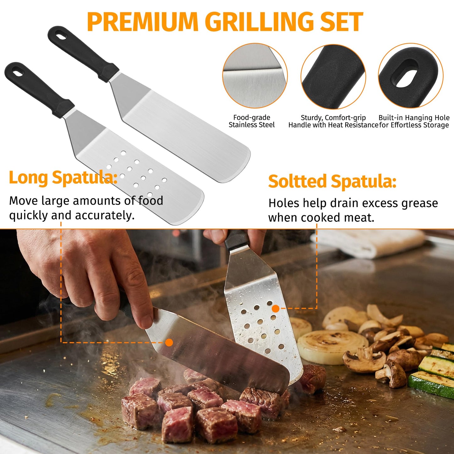 17 PCS Griddle Accessories Kit, Flat Top Grill Accessories Set for Blackstone and Camp Chef, Grill Spatula Set with Enlarged Spatulas, Scraper - Outdoor Barbecue Tools Gifts for Men Dad Him