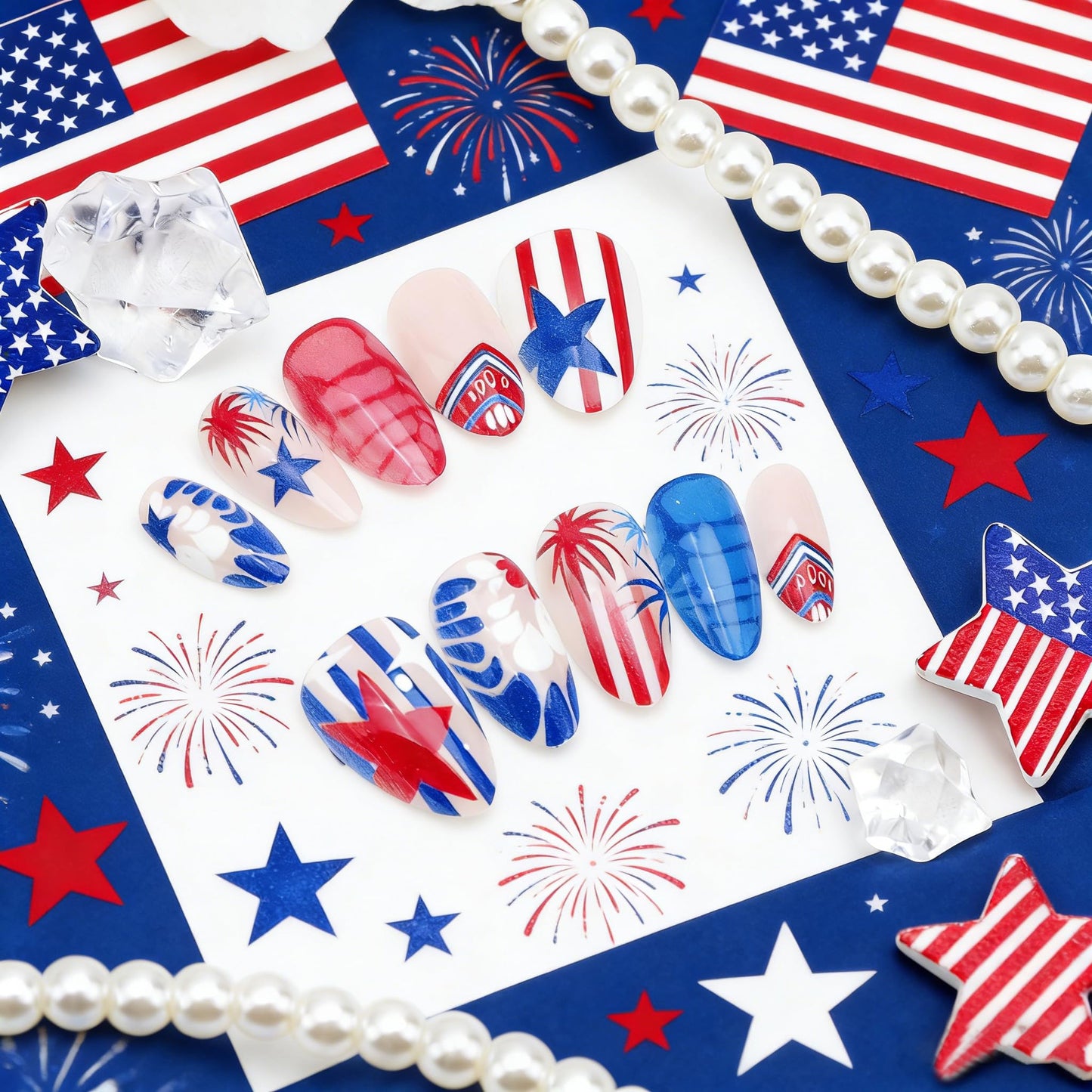 24Pcs Independence Day Press on Nails Short Almond Fake Nails Red White Blue Firework Star with Hand-Painted Palm Tree Summer Designs 4th of July False Nails Glue on Nails for Acrylic Manicure Salon