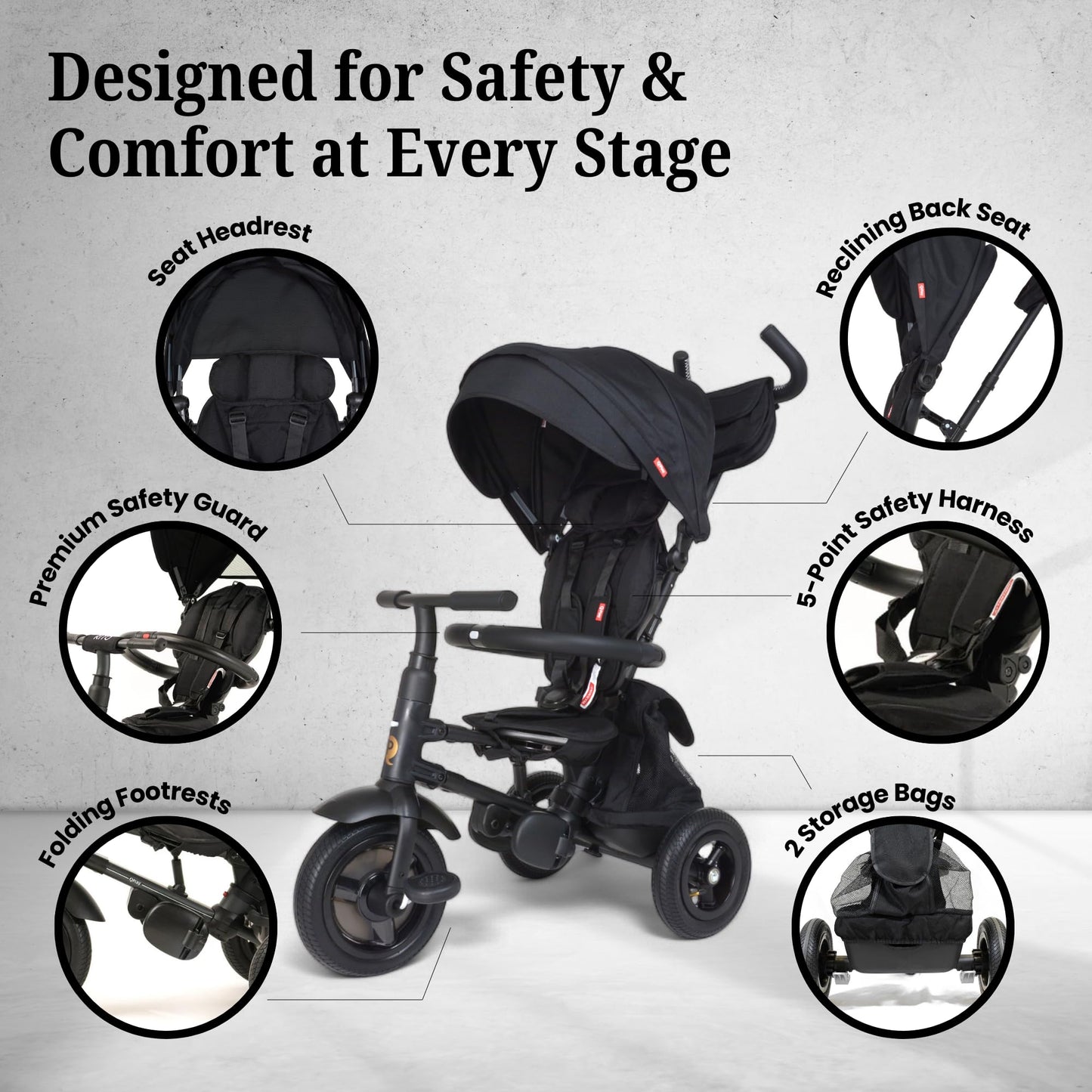 QPlay Rito - Premium Luxury Foldable Trike for Toddlers Featuring Leather touchpoints, Toddler Tricycle Stroller, Push & Fold Tricycle for Ages 12 Months to 5 Years, Midnight Edition