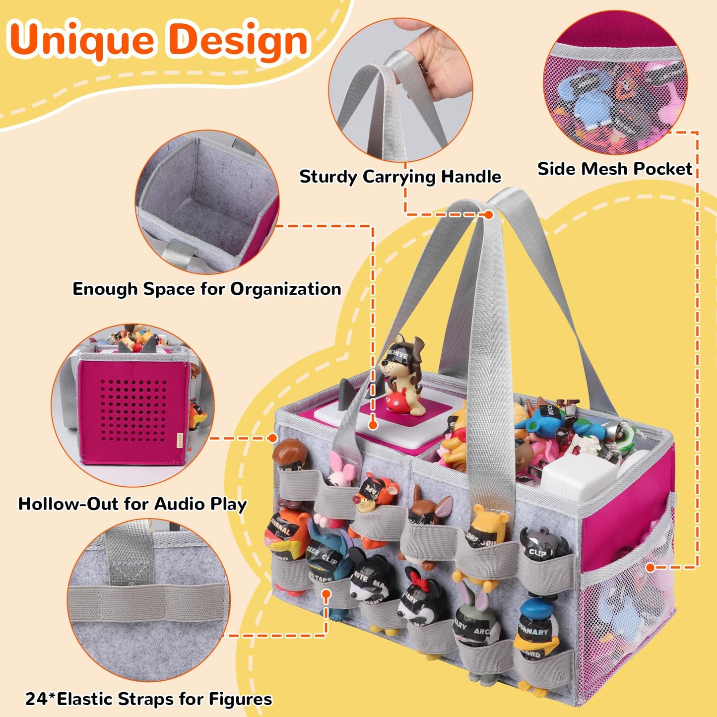Partreko Carrying Case Compatible with Tonies Box with Audio Position, Portable Travel Storage Bag for Tonies Figures with 24 Elastic Strap, Soft Felt Organizer Case for Toniebox Accessories Gray&Rose