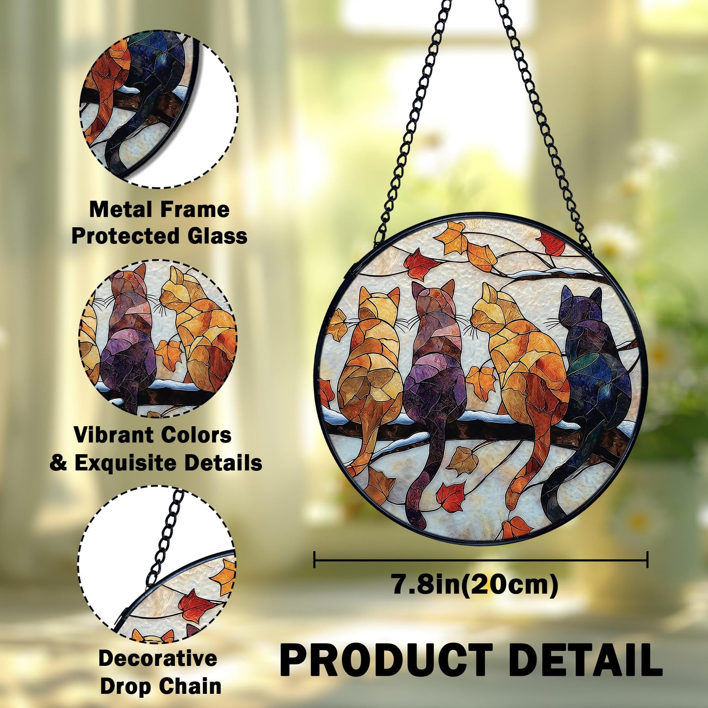 XFCICRLJ Cat Gifts Fall Winter Suncatcher Stained Glass Window Hanging, Rustic Autumn Black Cat Sun Catchers Indoor Window Glass Wall Art Decor, Fall Wall Hanging Decor Decorations, 7.9x7.9 Inch