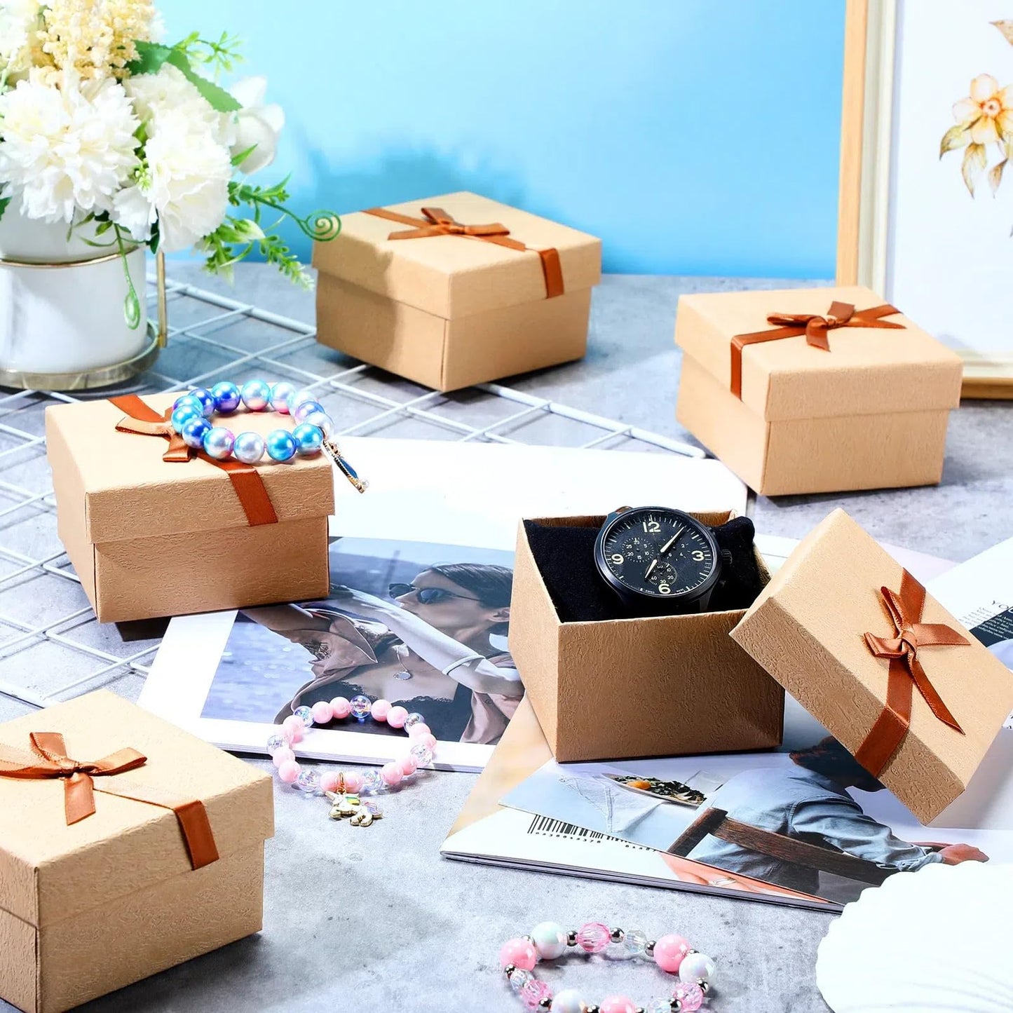 Jexine 12 Pieces Father's Day Gift Boxes for Dad Men 3. 5 Inch Necklace Earring Ring Box Bow Cardboard Jewelry Watch Holder with Velvet Insert Lids for Keychain
