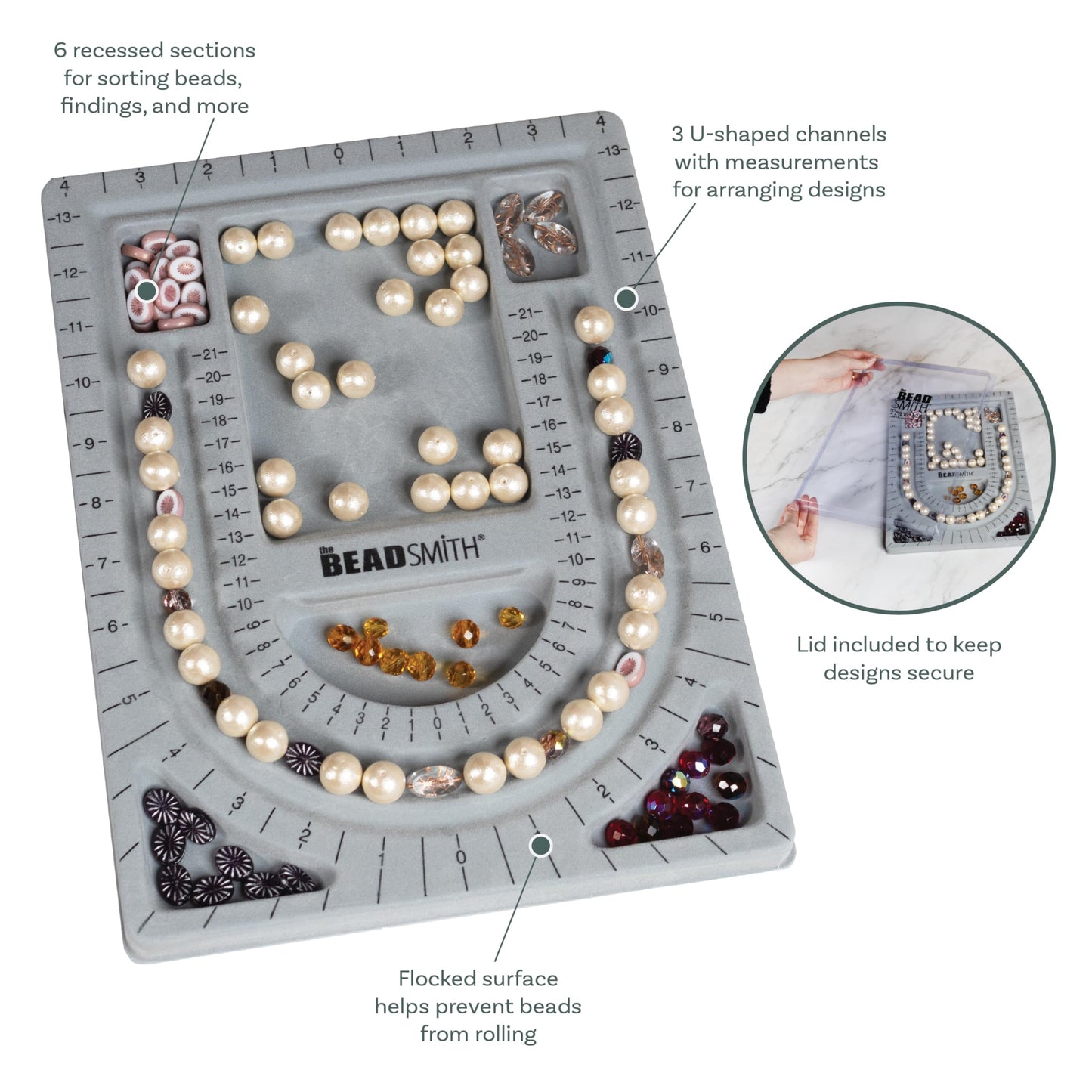 The Beadsmith Bead Board with Cover, Grey Flocked, 3 U-Shaped Channels, 6 Recessed Compartments,13.25H x 9.75L inches, Design Boards for Creating Bracelets, Necklaces and Other Jewelry