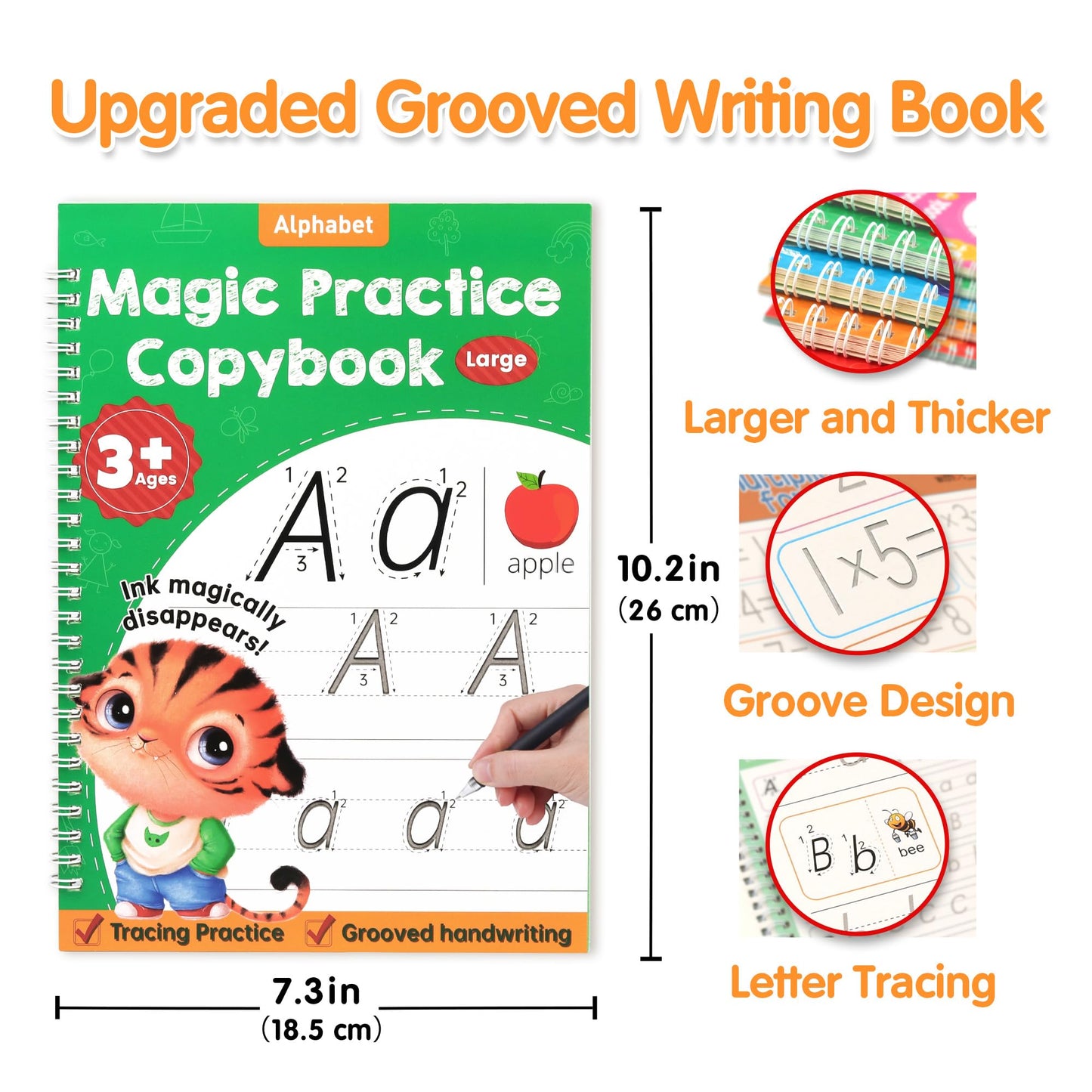 Helsort Large Magic Grooved Practice Copybook for Kids, Reusable Grooved Handwriting Workbook, Learn to Write Number Letter Tracing for Kids Ages 3-8 Kindergarten Preschool Calligraphy 10.2×7.3"