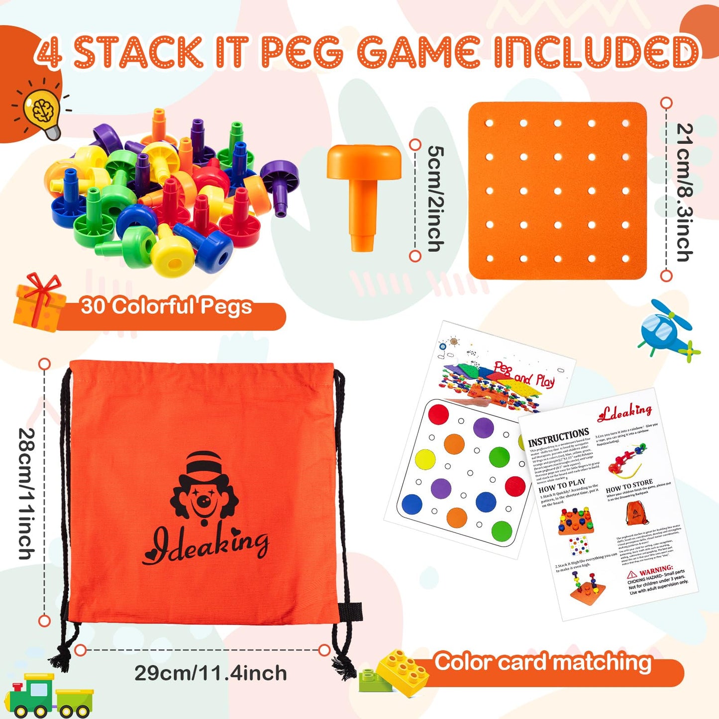 Shappy Toddler Peg Board Kids Montessori Colorful Stackable Toys 120 Pcs Pegs with 4 Foam Board 4 Sets Learning Educational Toy for Preschool Color Recognition Counting Skill with Lacing String Bag