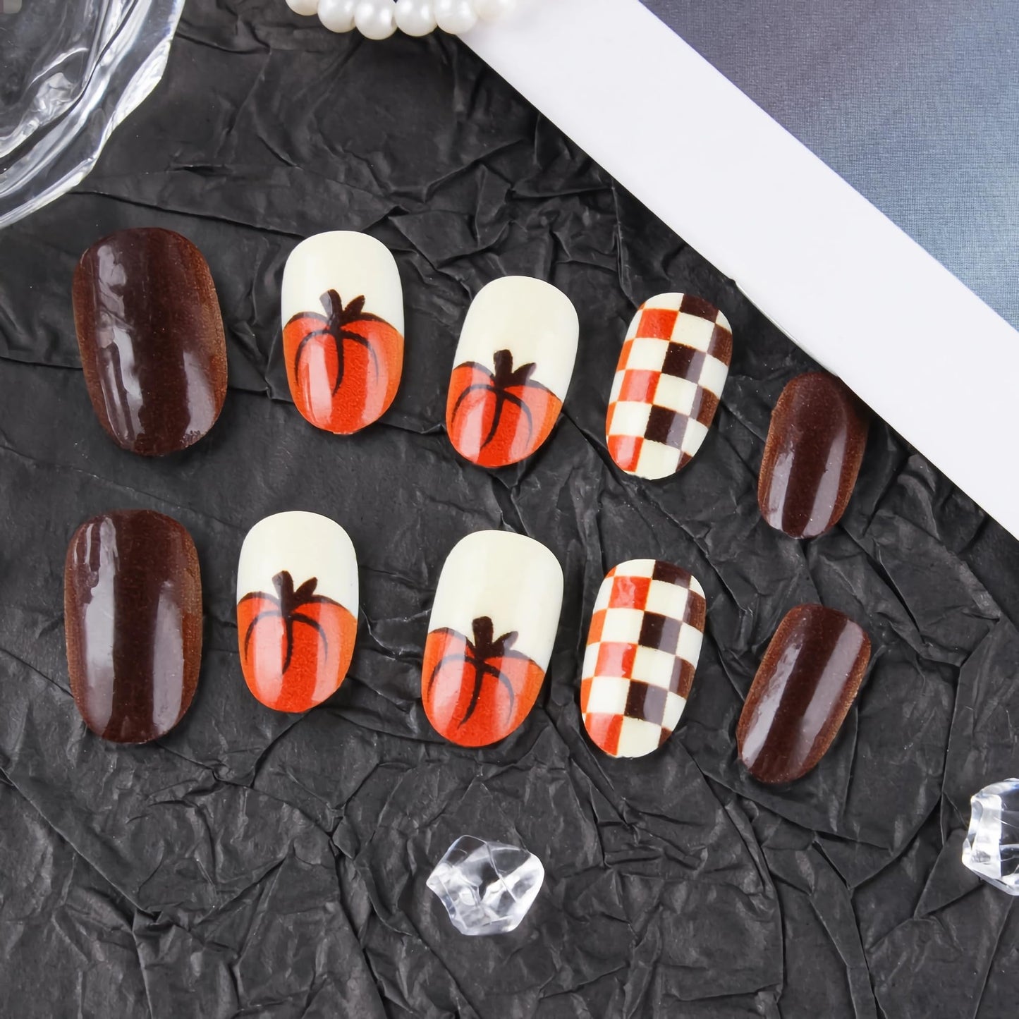 BABALAL Brown Fall Press on False Nails Medium Oval Fake Nails Pumpkin Design Thanksgiving Day Autumn 24Pcs Gloosy Round Full Cover Stick on Acrylic Gel Nails