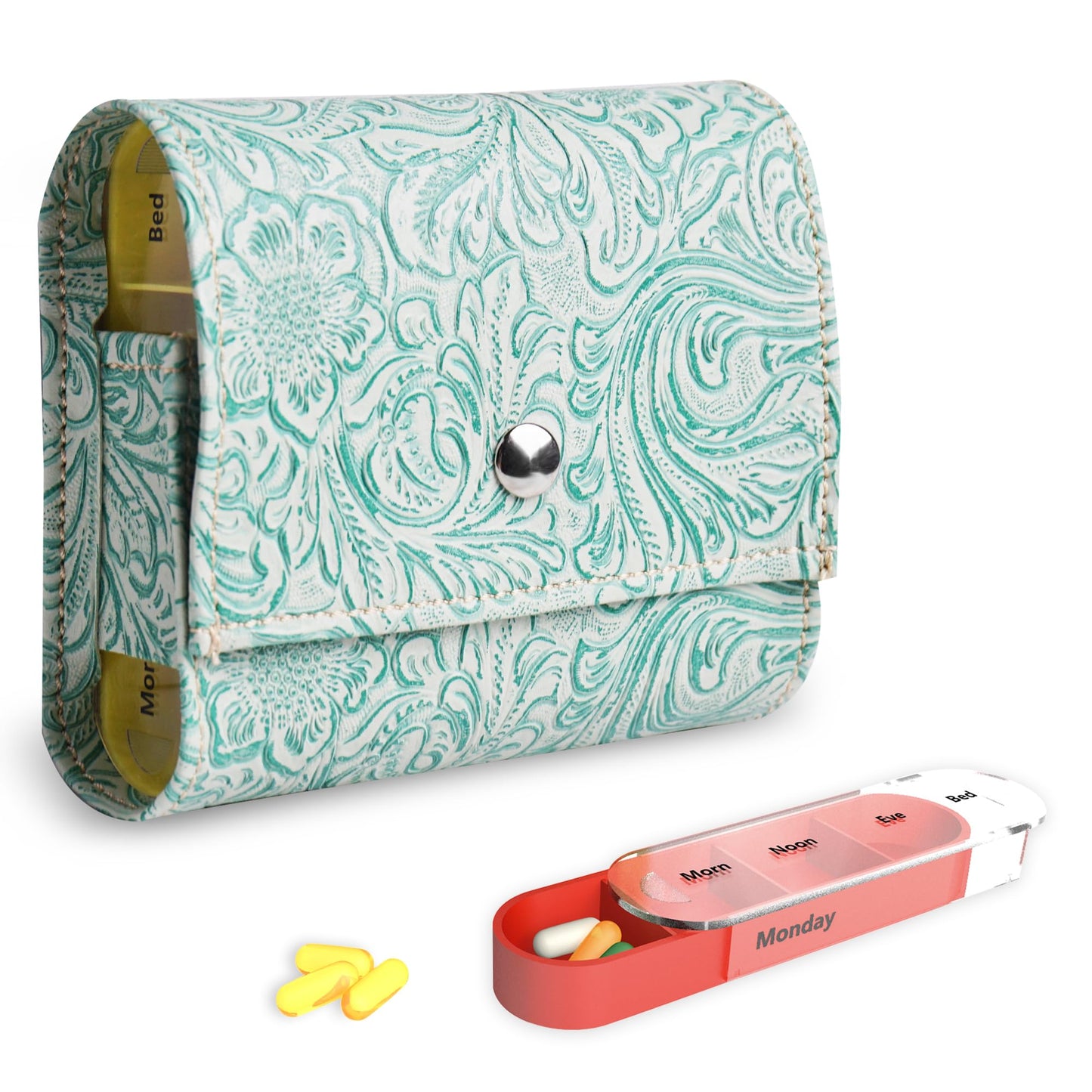 Pill Organizer,Haecsfl Weekly Travel Pill Case Box Medication Reminder Daily AM PM, Day Night 7 Compartments,for 4 Times A Day, 7 Days a Week-Includes Leather PU Carrying Case(1-Carved Green1)