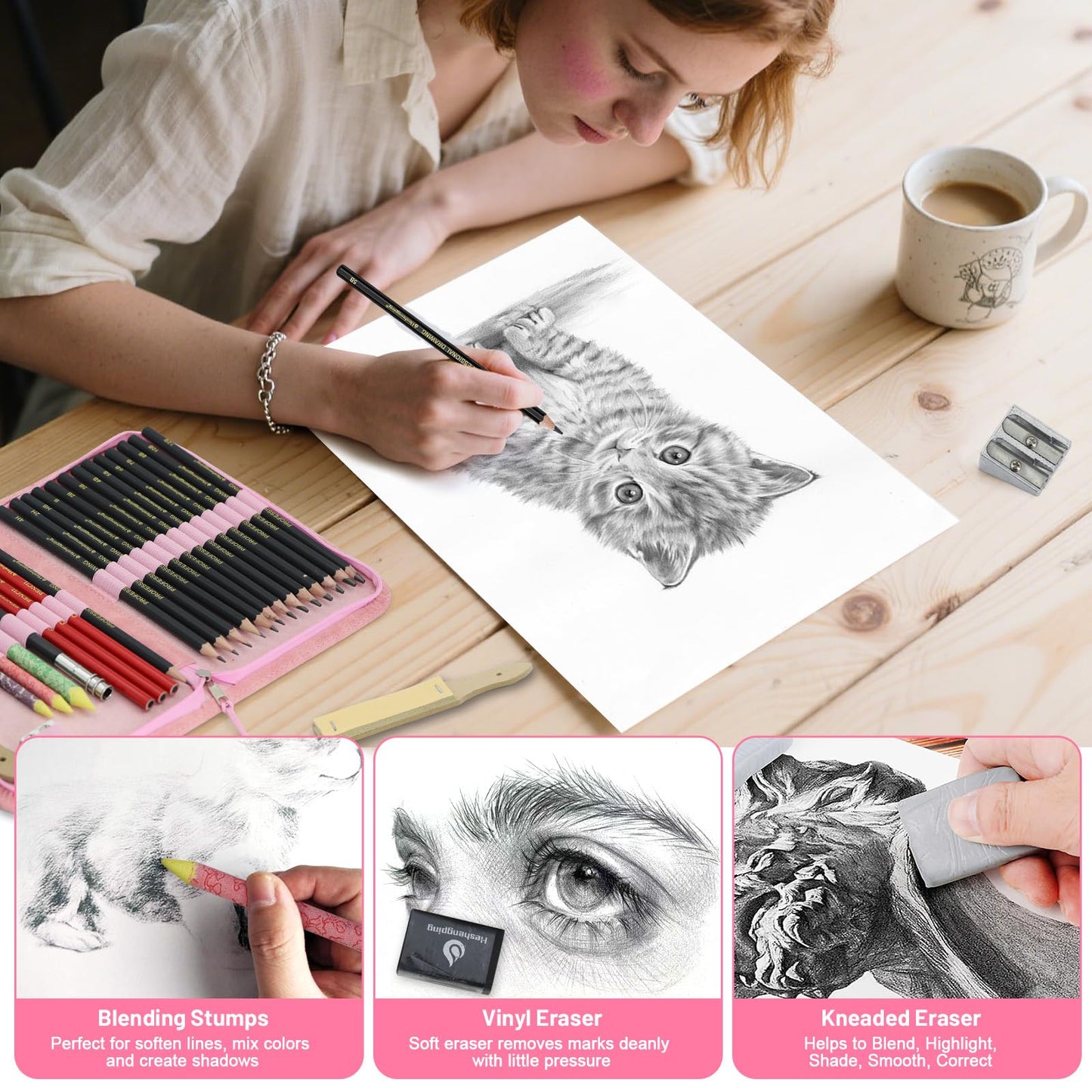 Heshengping, Sketching and Drawing Pencils Set 26pcs, Art Supplies Drawing pencil Kit,Graphite Charcoal Professional Pencils Set, Adults Beginners Artist