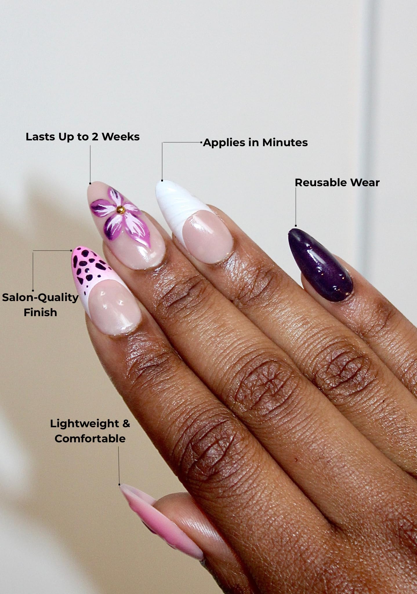 Press On Nails – Nude & Pink Floral Leopard Design with 3D Flower & Gold Studs | Almond Shape, 24 Reusable Nail Art Set