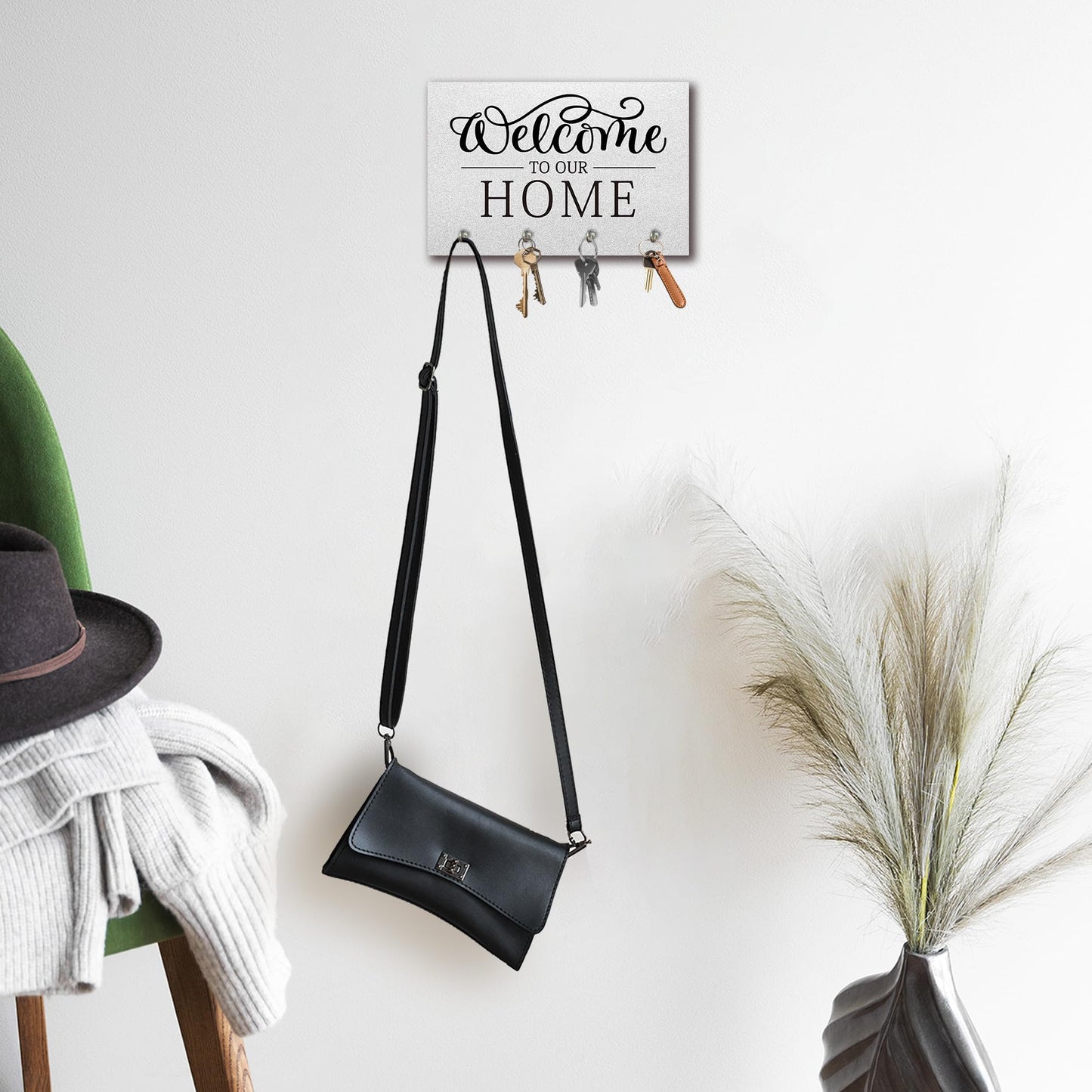 Rdtcgvss 9" x 6" Gray Solid Wood Wall-Mounted Key Holder - Welcome to Our Home - with 4 Metal Hooks for Easy Hanging, Suitable for farmhouses, Homes, bedrooms, Wall Decorations & Gifts (1 Pcs) - A08