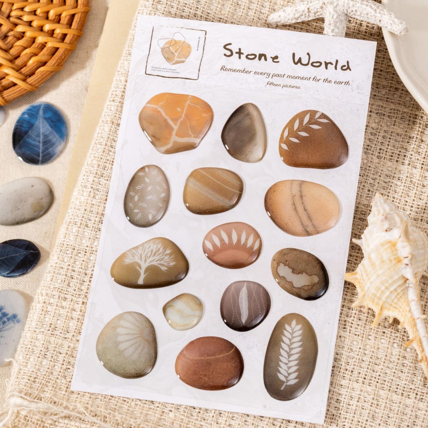 Doukado 60 Pcs 3D Epoxy Pebble Stickers, Aesthetic Stone Ephemera with Glossy Crystal Finish, Nature-Inspired Decorative Resin Decals for Junk Journaling, Scrapbooking, and DIY Art Crafts