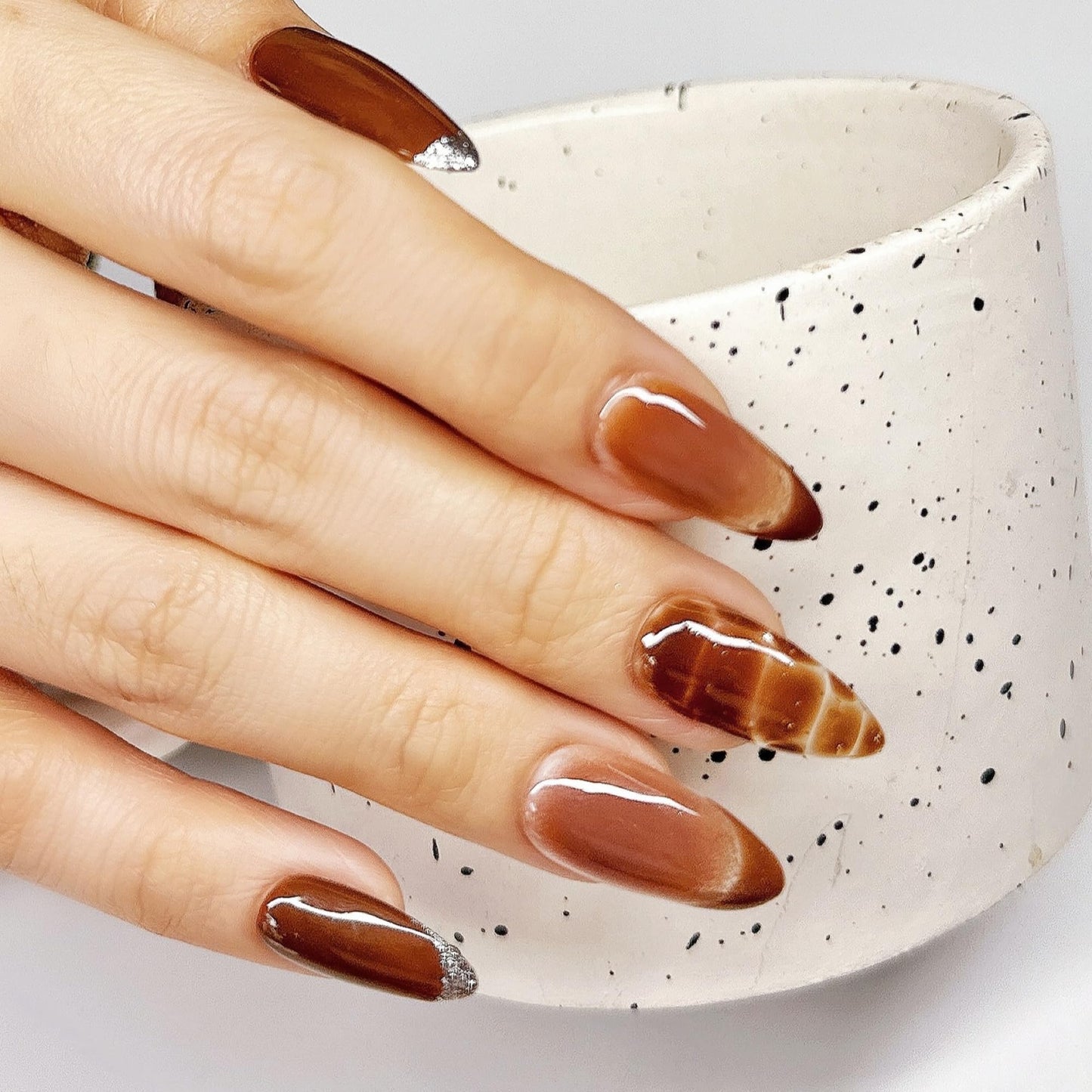 Sunruby Press On Nails Medium Almond Brown Cafe with Silver Glitter French Tip & More| Reusable Soft Gel Nails in 15 Sizes -30 Nail Kit with Glue | Designed in L.A, Handmade in Vietnam | Espresso Chic