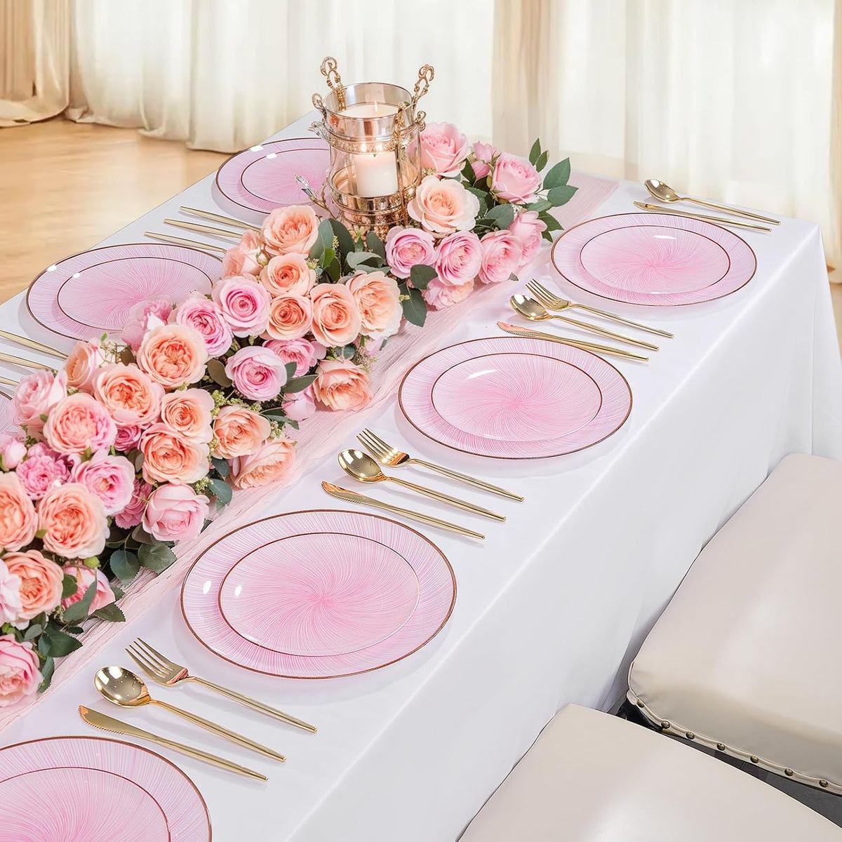 LIYH 60 Pcs Pink Plastic Combo Plates Set - Heavy Duty Pink Scalloped Plastic Disposable Plates for Party - 10.25" Dinner & 7.5" Dessert Plate 30 Guests