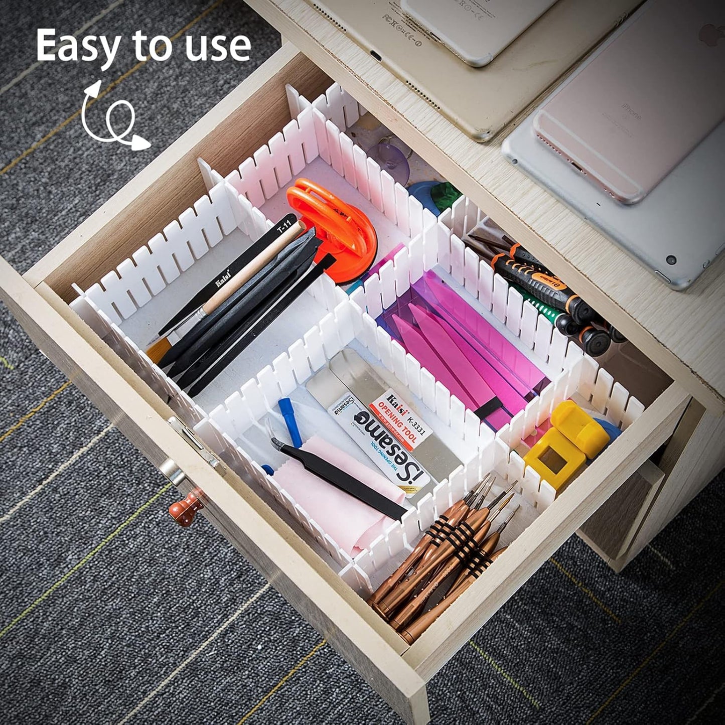 DVHOK 85Pcs Drawer Dividers, Adjustable Drawer Organiser, Cut at Will for Tidying Clutter Clothes, Socks, Makeup, Dresser, Kitchen White