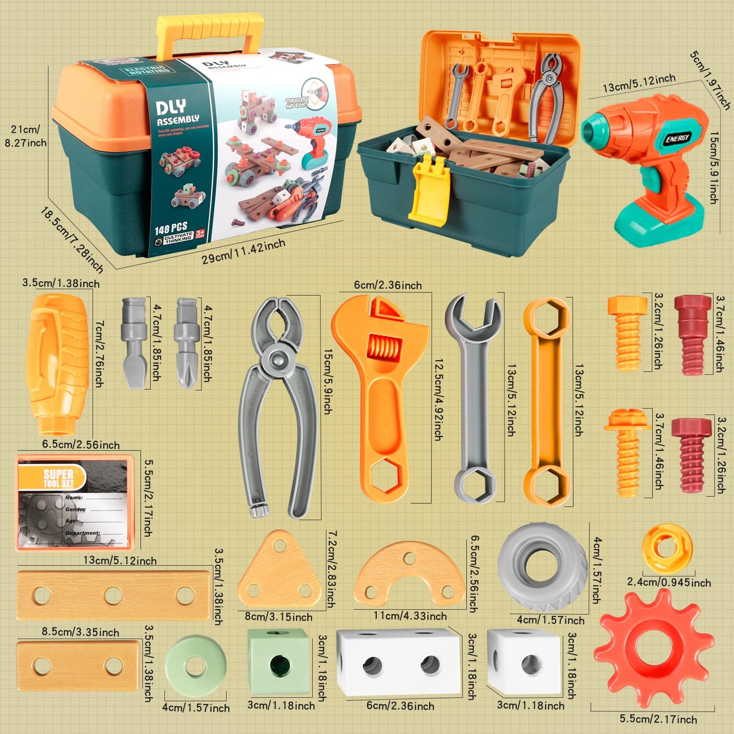 VEAIS Kids Tool Set with Drill, 148 PCS STEM Building Tools with Storage Box Plastic Todder Tool Set for Boys and Girls Age 3 4 5 6 7 8 Years