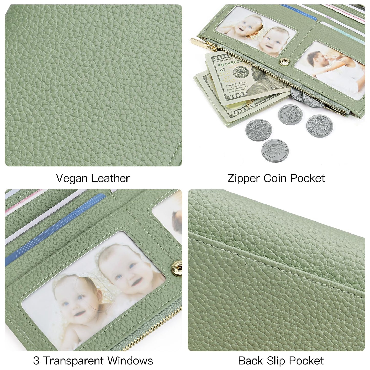 GOIACII Slim Wallet for Women Rfid Blocking Credit Card Holder with Zip Pocket Bifold Vegan Pebble Leather Green