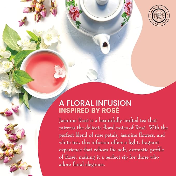 Pride of India | PACK of 6 - Jasmine Rose Royal White Tea | 15 Pyramid Full Leaf Individually Wrapped Tea Bags | Smooth & Sweet Flavor | Soothing & Calming Experience | Less Caffeine