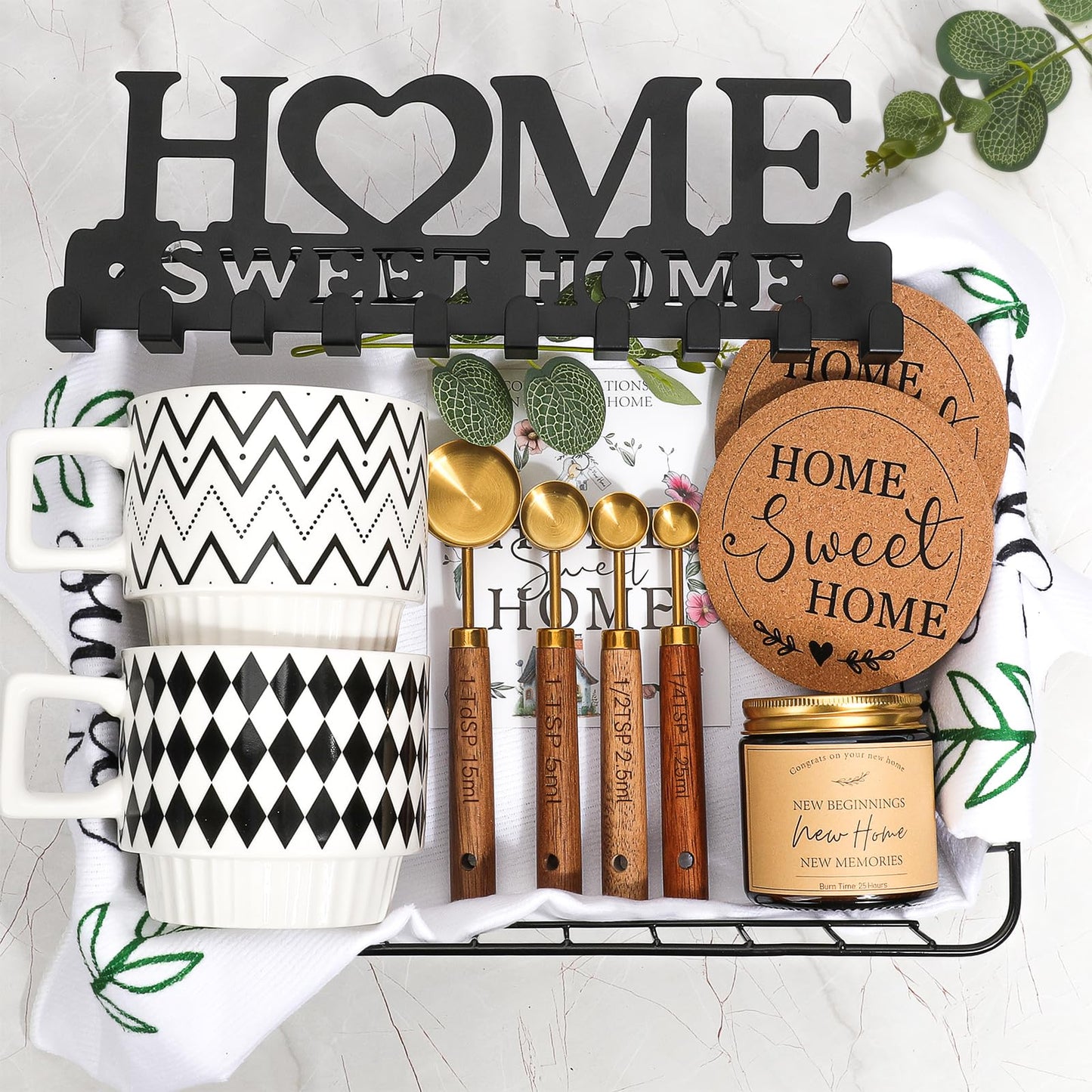 StoFurry Housewarming Gift Basket for New Home | 13 Pcs Kitchen Essentials Set with Ceramic Mugs, Measuring Spoons, Storage Basket | New Home Gift Ideas | Closing Gifts for Couples & Families