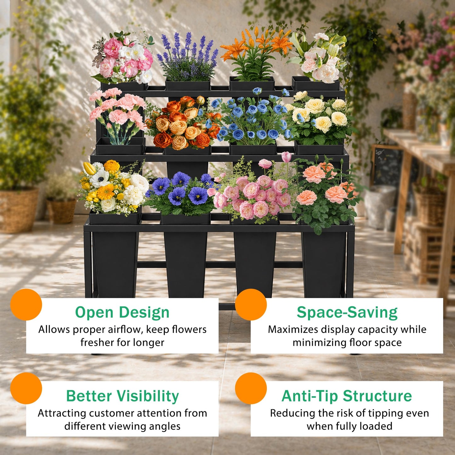 PROLEE Flower Display Stand with 12 Buckets, Flower Stand Metal with Wheels, Flower Cart 3 Layers, Flower Stand Metal with Wheels, Moving Florist Bouquet Shelf, Rectangular Rack (Black)
