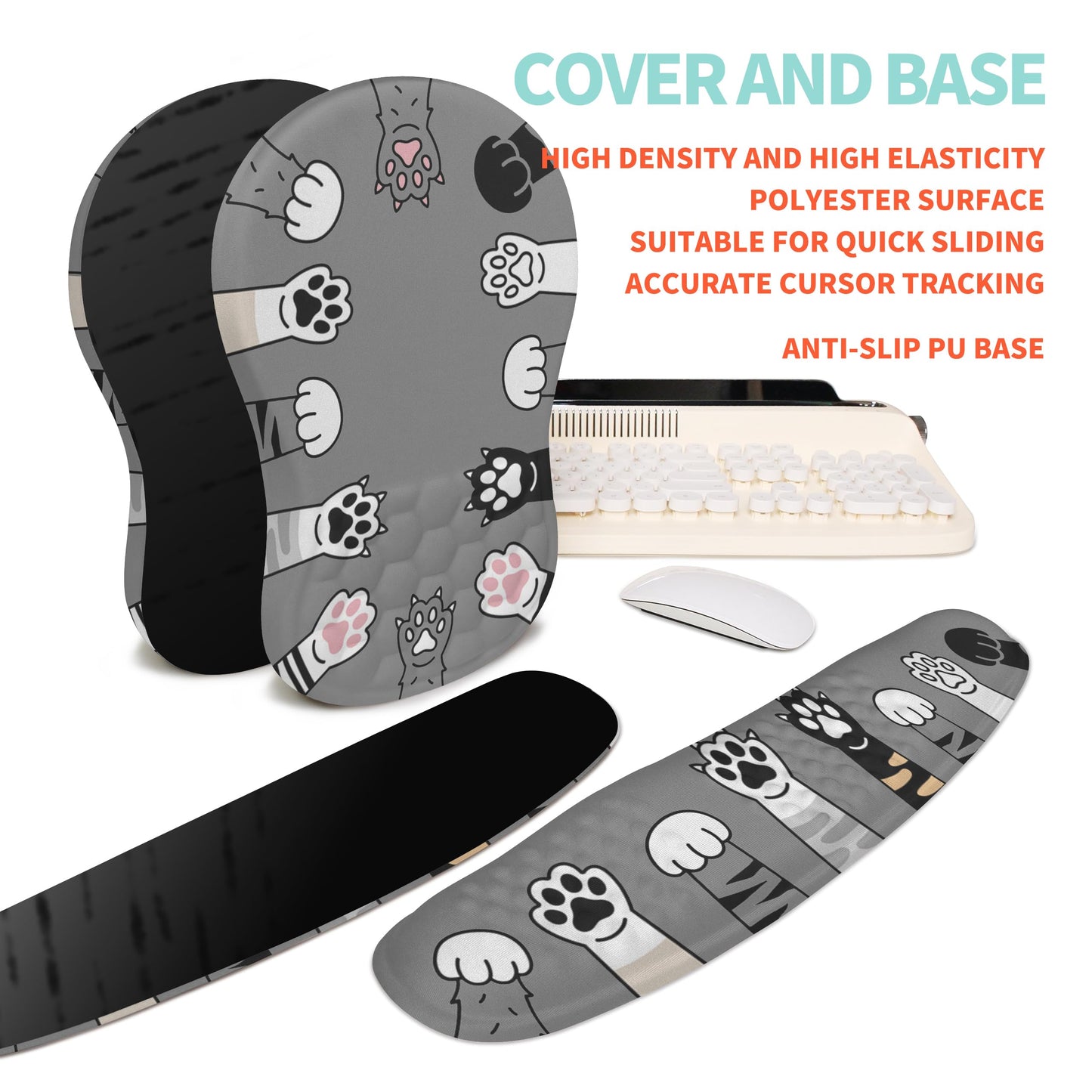 KUOSGM 2-in-1 Ergonomic Set, Wave Rise Keyboard Wrist Rest and Massage Bulge Slope Mouse Pad Wrist Support, Cushion Memory Foam Integrated to Relieve Wrist Pain, Cute Cat Paws